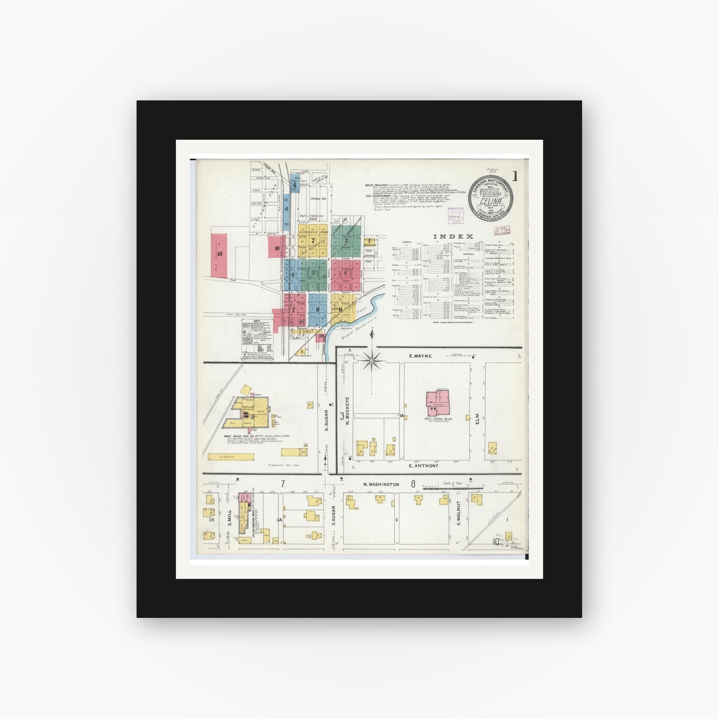 Old map wall art mockup — black gallery frame with white mat — Sanborn Fire Insurance Map from Celina, Mercer County, Ohio (1907) - Complete Map Set