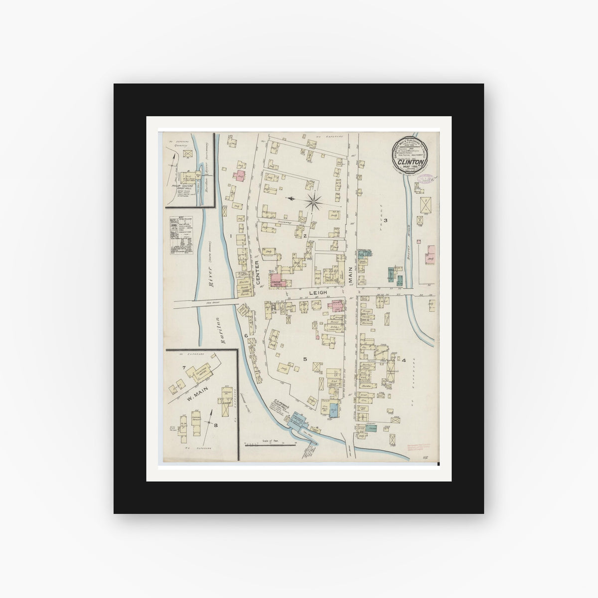 Old map wall art mockup — black gallery frame with white mat — Sanborn Fire Insurance Map from Clinton, Hunterdon County, New Jersey (1886), Sheet #0001