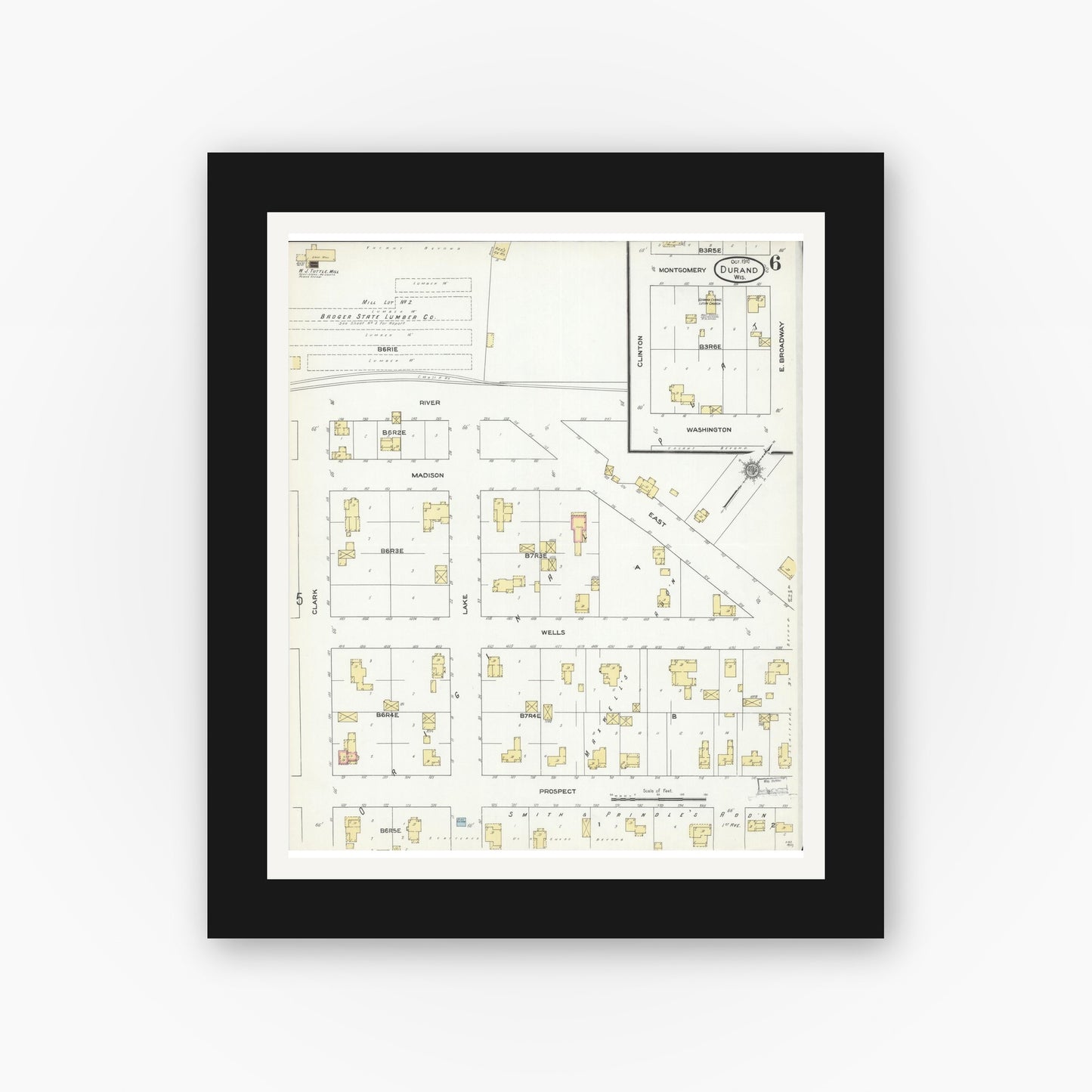 Old map wall art mockup — black gallery frame with white mat — Sanborn Fire Insurance Map from Durand, Pepin County, Wisconsin (1910), Sheet #0006