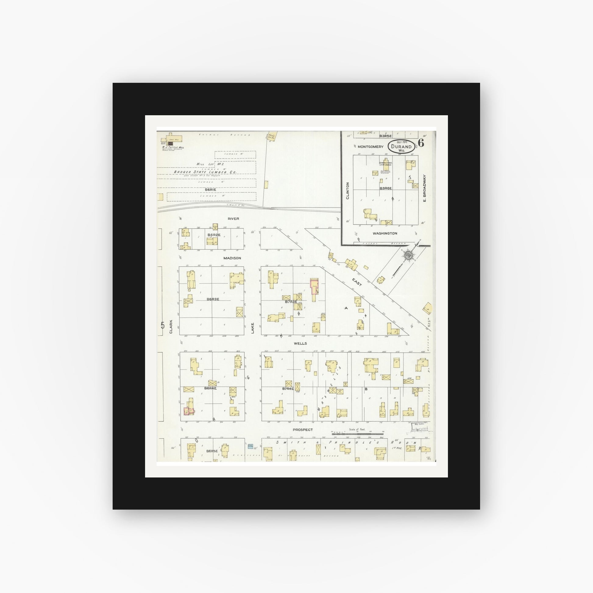 Old map wall art mockup — black gallery frame with white mat — Sanborn Fire Insurance Map from Durand, Pepin County, Wisconsin (1910), Sheet #0006