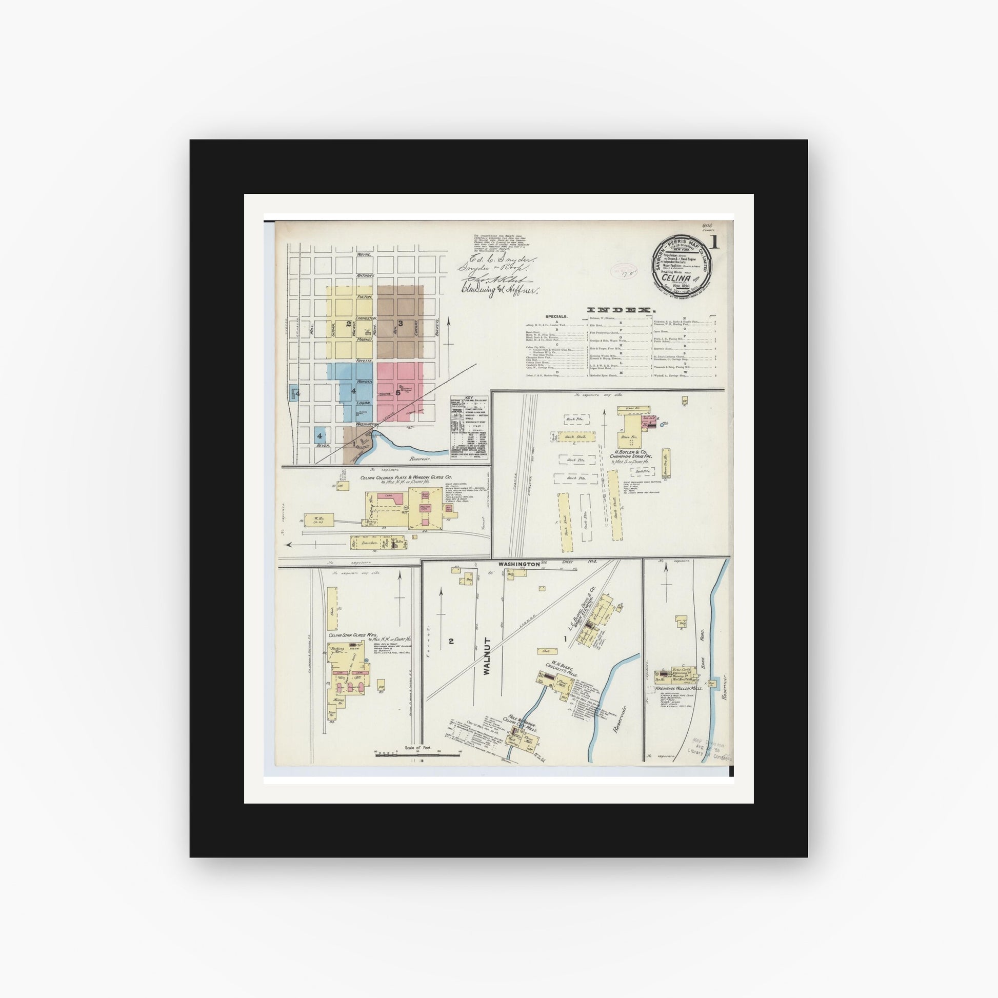 Old map wall art mockup — black gallery frame with white mat — Sanborn Fire Insurance Map from Celina, Mercer County, Ohio (1890), Sheet #0001