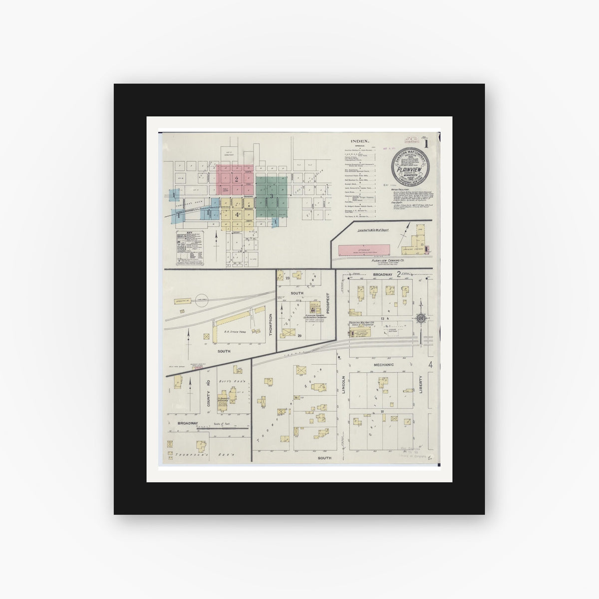 Old map wall art mockup — black gallery frame with white mat — Sanborn Fire Insurance Map from Plainview, Wabasha County, Minnesota (1910), Sheet #0001
