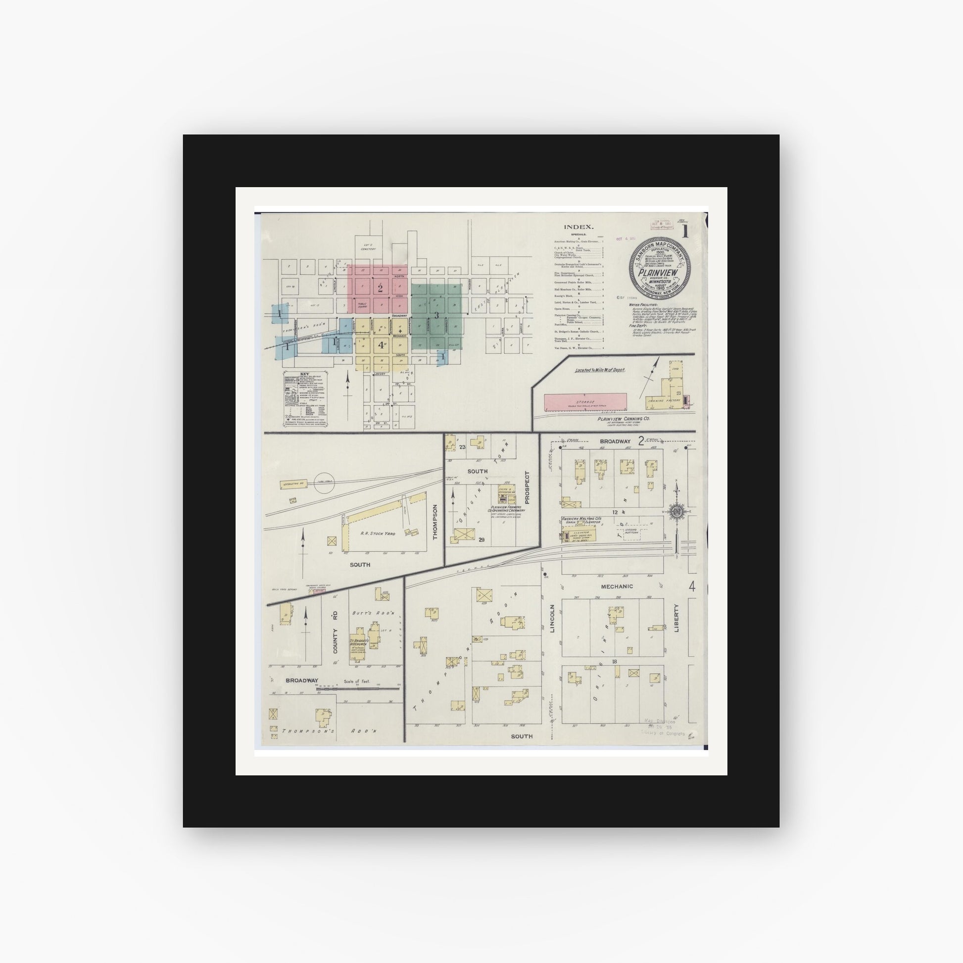 Old map wall art mockup — black gallery frame with white mat — Sanborn Fire Insurance Map from Plainview, Wabasha County, Minnesota (1910), Sheet #0001