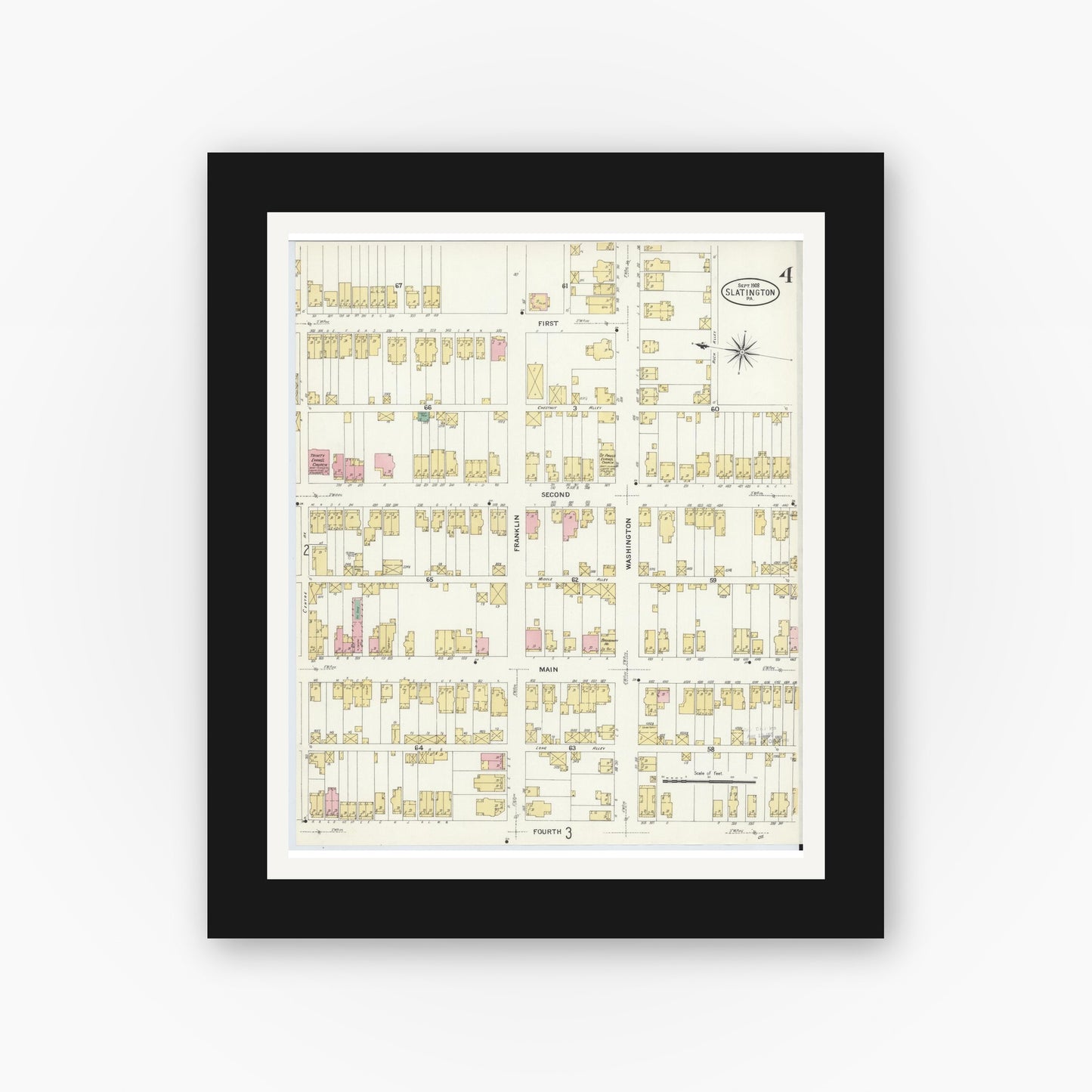 Old map wall art mockup — black gallery frame with white mat — Sanborn Fire Insurance Map from Slatington, Lehigh County, Pennsylvania (1908), Sheet #0004