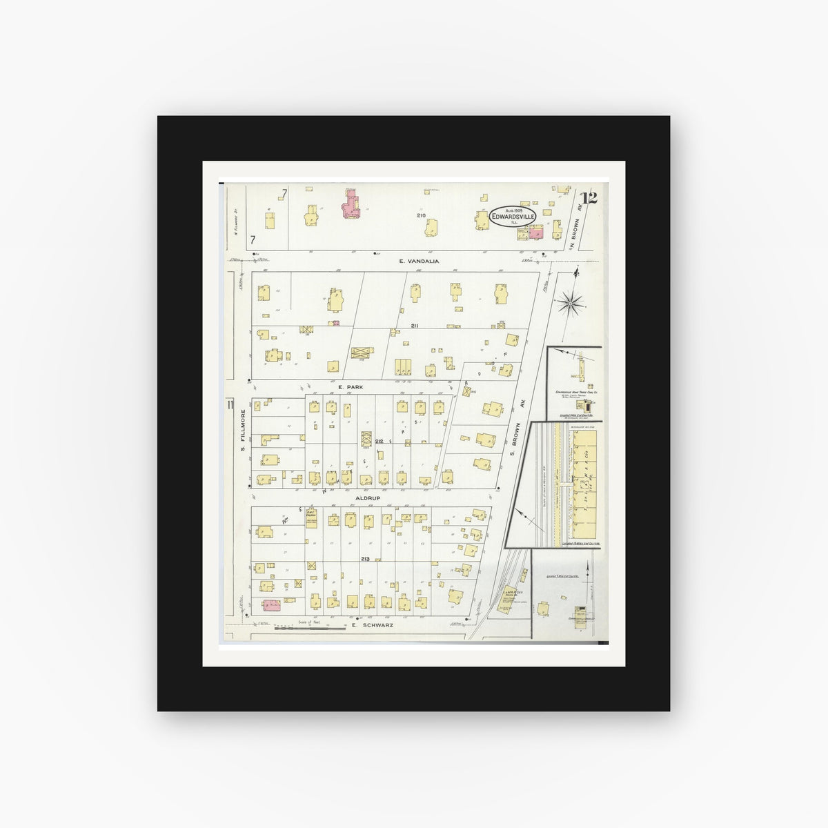 Old map wall art mockup — black gallery frame with white mat — Sanborn Fire Insurance Map from Edwardsville, Madison County, Illinois (1909), Sheet #0012