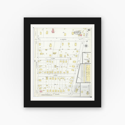 Old map wall art mockup — black gallery frame with white mat — Sanborn Fire Insurance Map from Edwardsville, Madison County, Illinois (1909), Sheet #0012