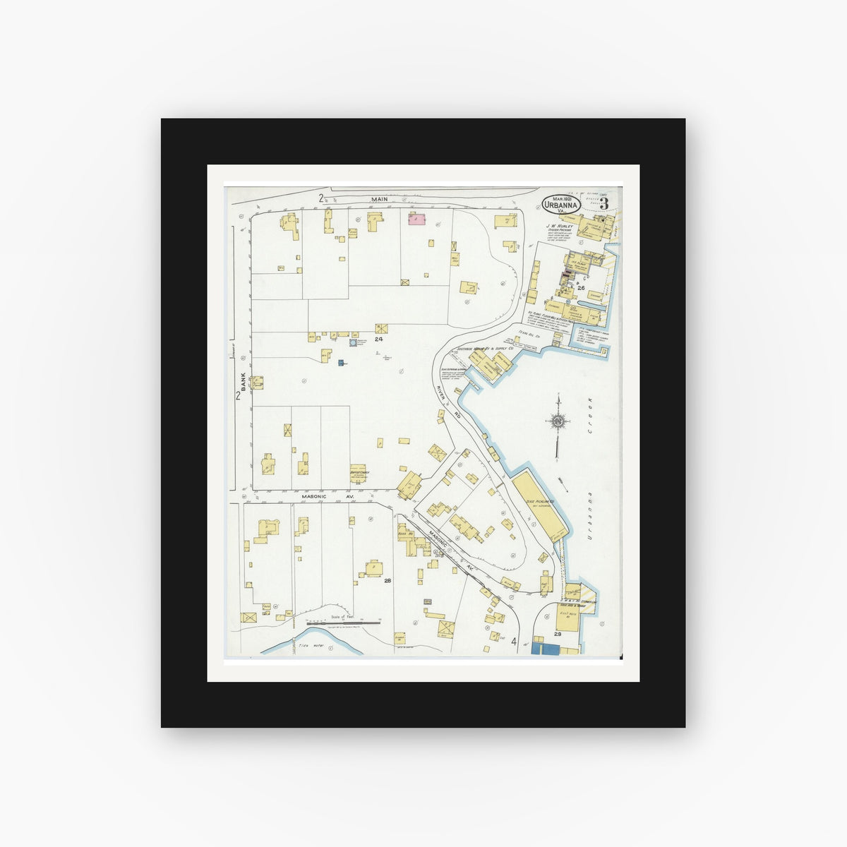 Old map wall art mockup — black gallery frame with white mat — Sanborn Fire Insurance Map from Urbanna, Middlesex County, Virginia (1921), Sheet #0003