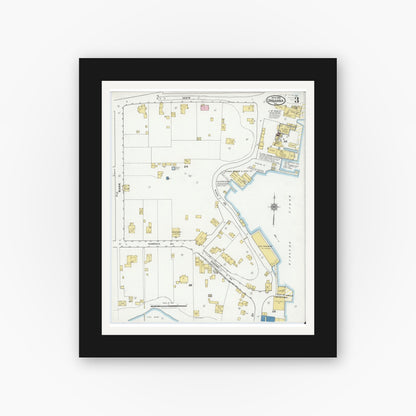 Old map wall art mockup — black gallery frame with white mat — Sanborn Fire Insurance Map from Urbanna, Middlesex County, Virginia (1921), Sheet #0003