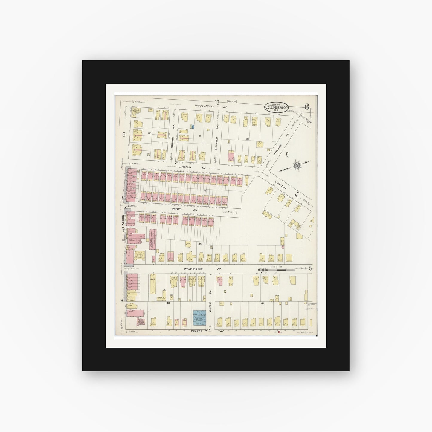 Old map wall art mockup — black gallery frame with white mat — Sanborn Fire Insurance Map from Collingswood, Camden County, New Jersey (1915), Sheet #0006