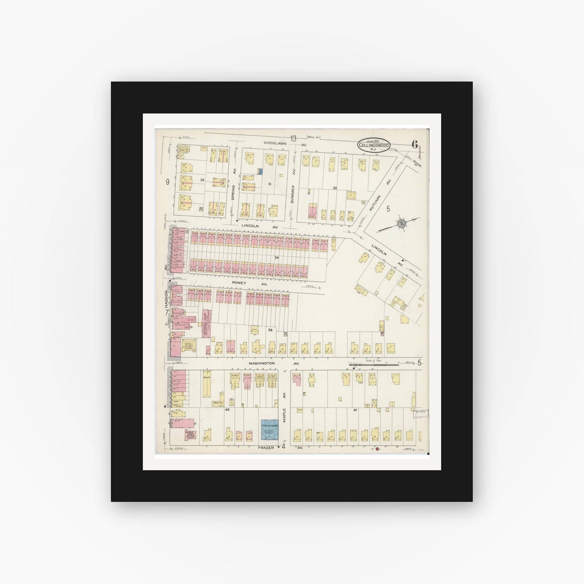 Old map wall art mockup — black gallery frame with white mat — Sanborn Fire Insurance Map from Collingswood, Camden County, New Jersey (1915), Sheet #0006