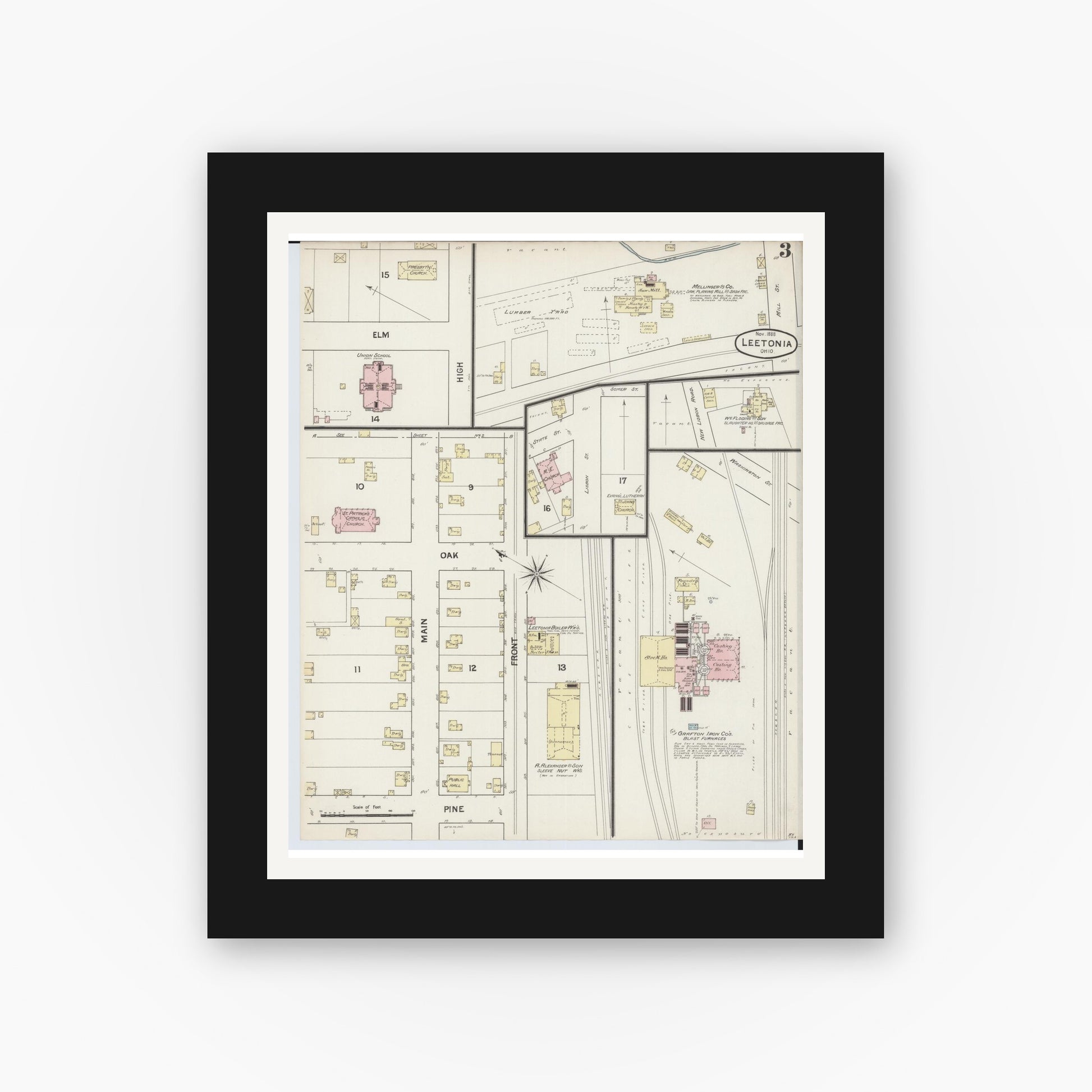 Old map wall art mockup — black gallery frame with white mat — Sanborn Fire Insurance Map from Leetonia, Columbiana County, Ohio (1888), Sheet #0003