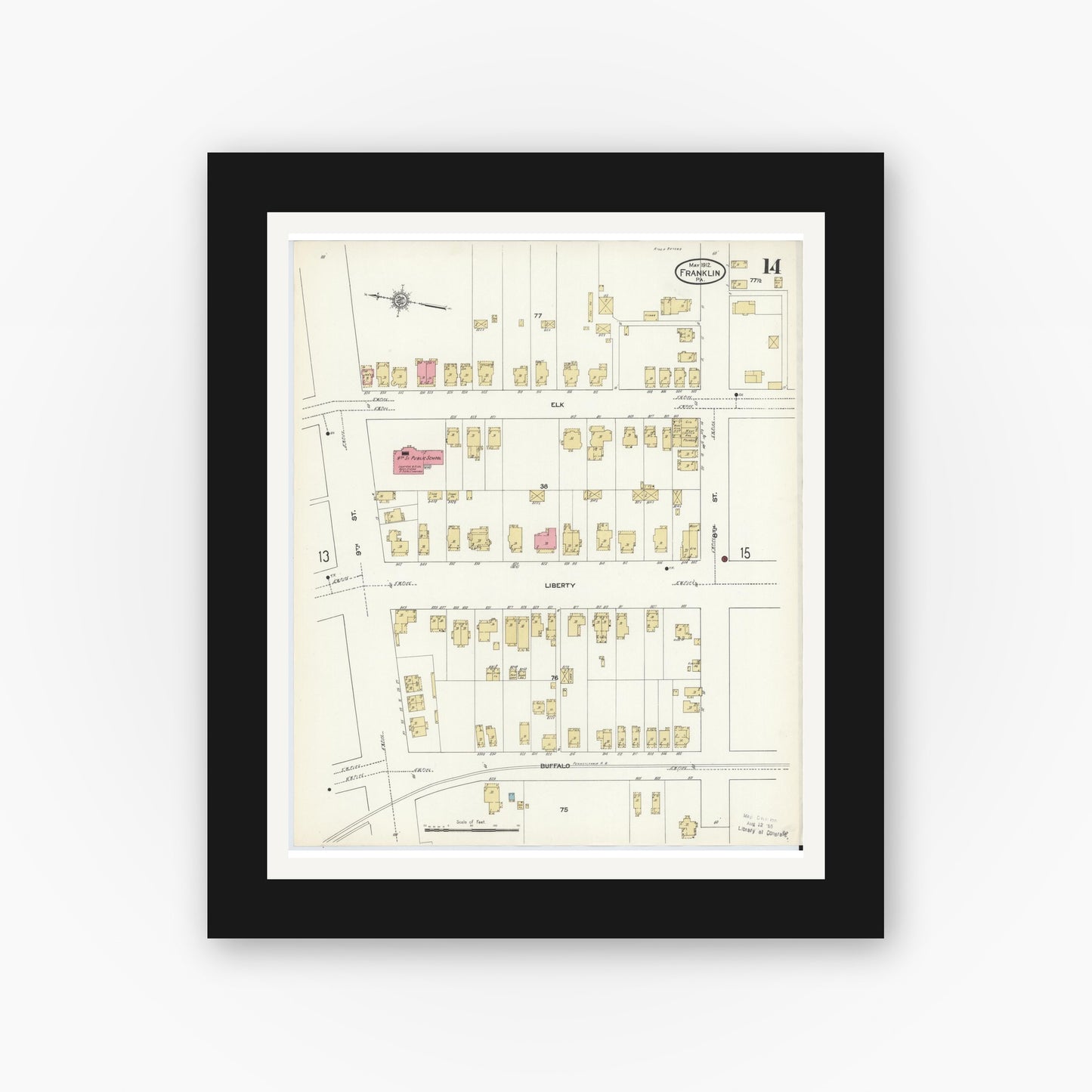 Old map wall art mockup — black gallery frame with white mat — Sanborn Fire Insurance Map from Franklin, Venango County, Pennsylvania (1912), Sheet #0014