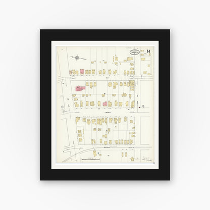 Old map wall art mockup — black gallery frame with white mat — Sanborn Fire Insurance Map from Franklin, Venango County, Pennsylvania (1912), Sheet #0014