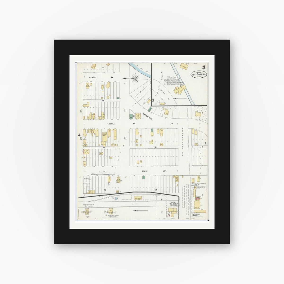 Old map wall art mockup — black gallery frame with white mat — Sanborn Fire Insurance Map from Thief River Falls, Pennington County, Minnesota (1899), Sheet #0003