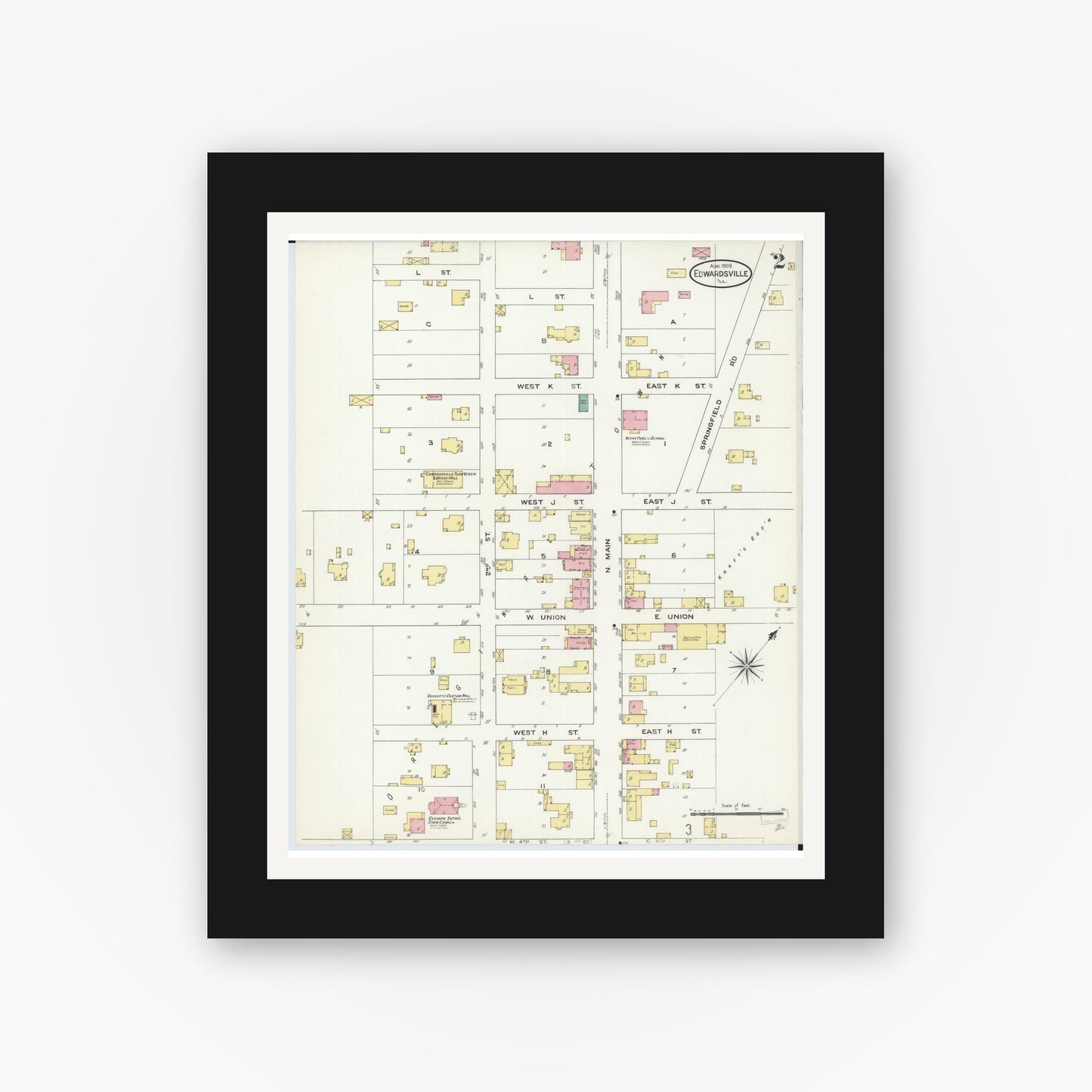 Old map wall art mockup — black gallery frame with white mat — Sanborn Fire Insurance Map from Edwardsville, Madison County, Illinois (1909), Sheet #0002