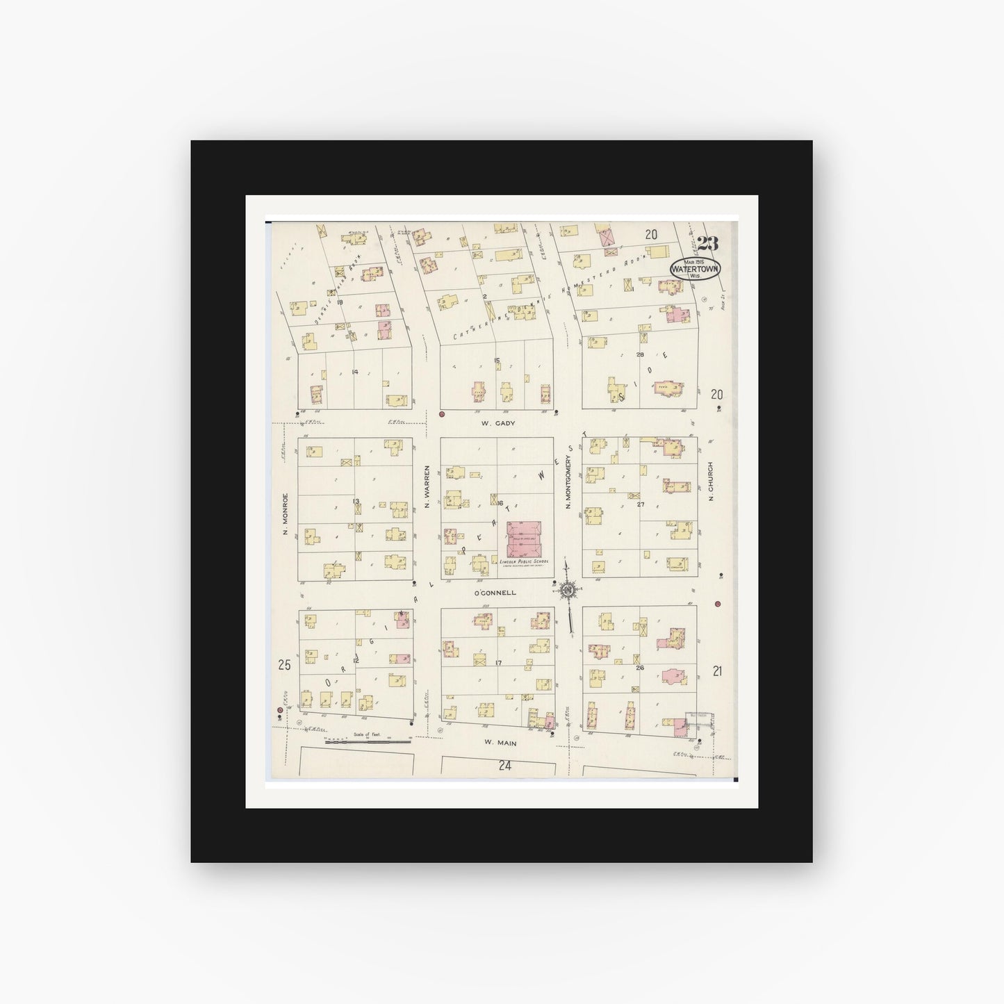 Old map wall art mockup — black gallery frame with white mat — Sanborn Fire Insurance Map from Watertown, Jefferson County, Wisconsin (1915), Sheet #0024
