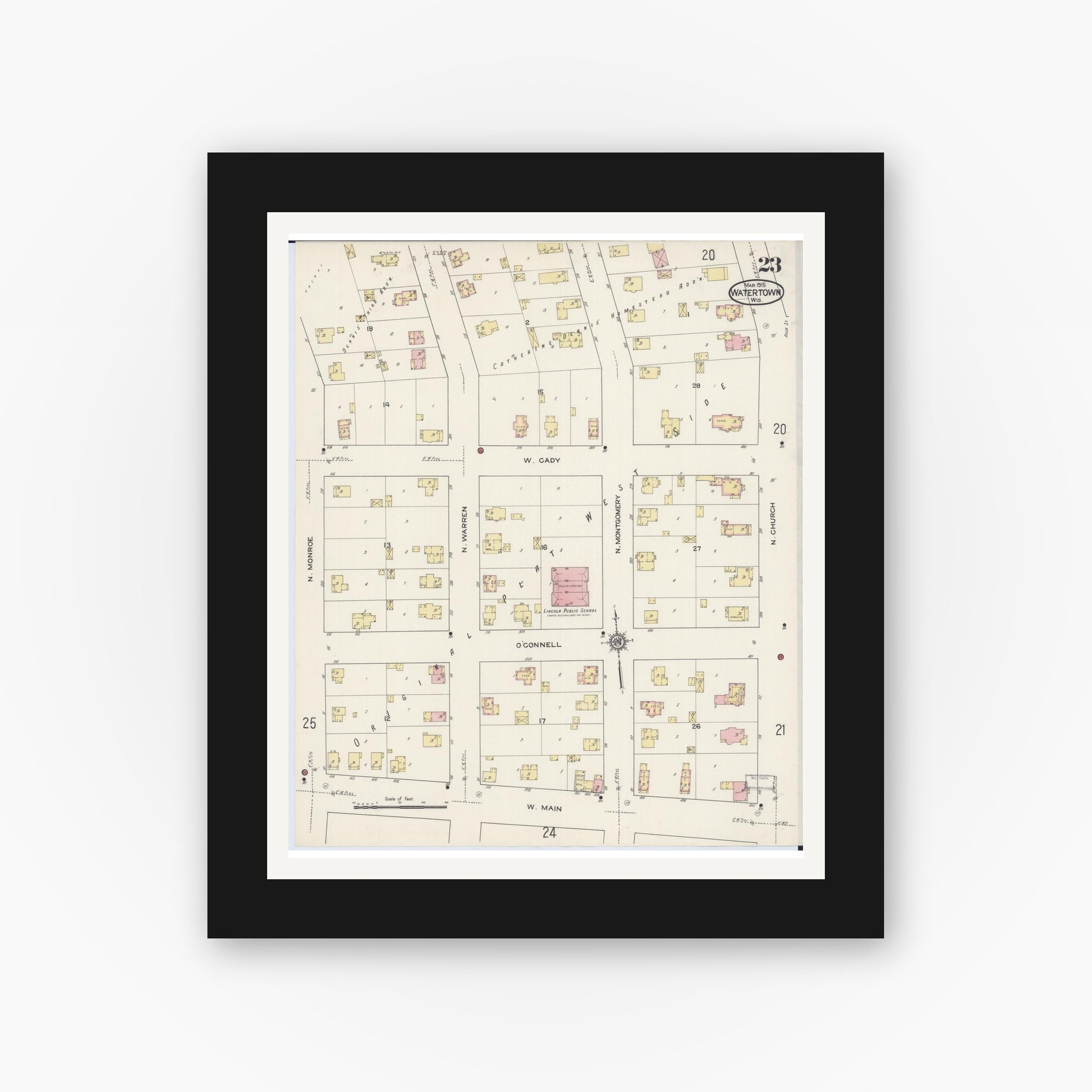 Old map wall art mockup — black gallery frame with white mat — Sanborn Fire Insurance Map from Watertown, Jefferson County, Wisconsin (1915), Sheet #0024