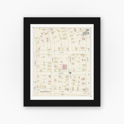 Old map wall art mockup — black gallery frame with white mat — Sanborn Fire Insurance Map from Watertown, Jefferson County, Wisconsin (1915), Sheet #0024