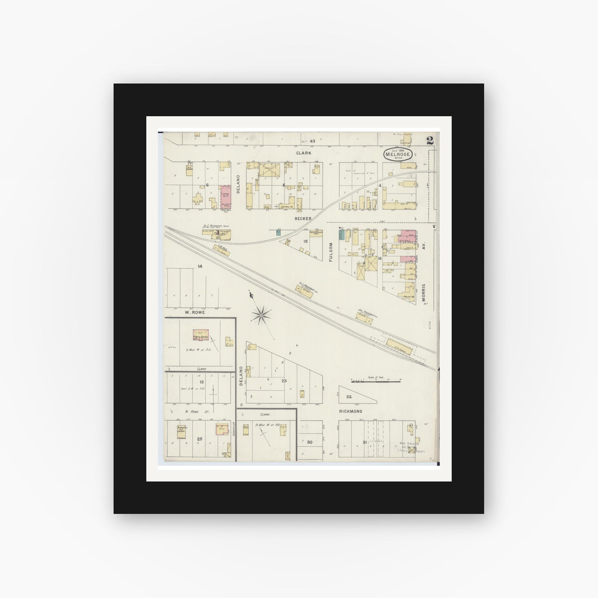 Old map wall art mockup — black gallery frame with white mat — Sanborn Fire Insurance Map from Melrose, Stearns County, Minnesota (1894), Sheet #0002