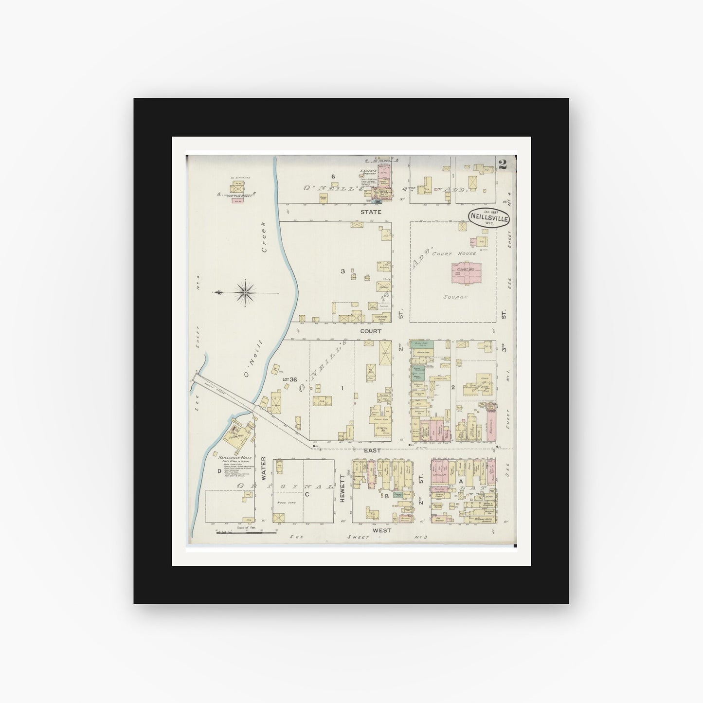 Old map wall art mockup — black gallery frame with white mat — Sanborn Fire Insurance Map from Neillsville, Clark County, Wisconsin (1887), Sheet #0002
