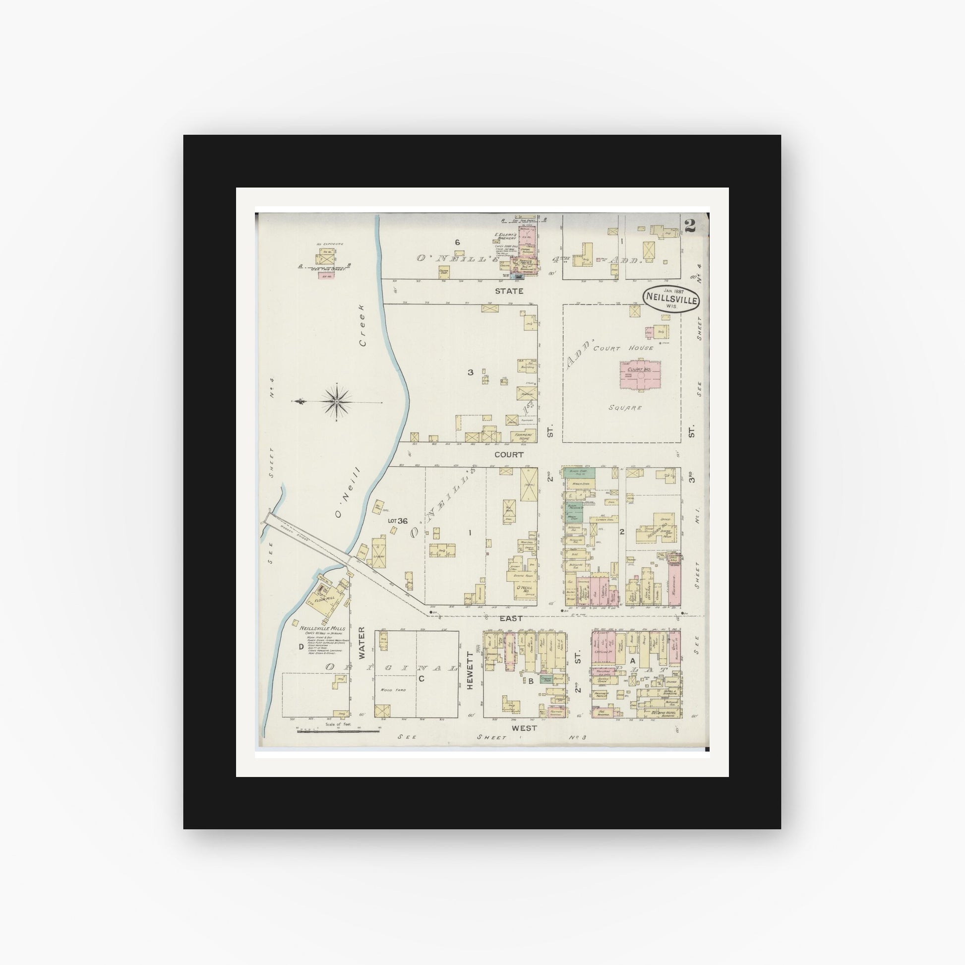 Old map wall art mockup — black gallery frame with white mat — Sanborn Fire Insurance Map from Neillsville, Clark County, Wisconsin (1887), Sheet #0002