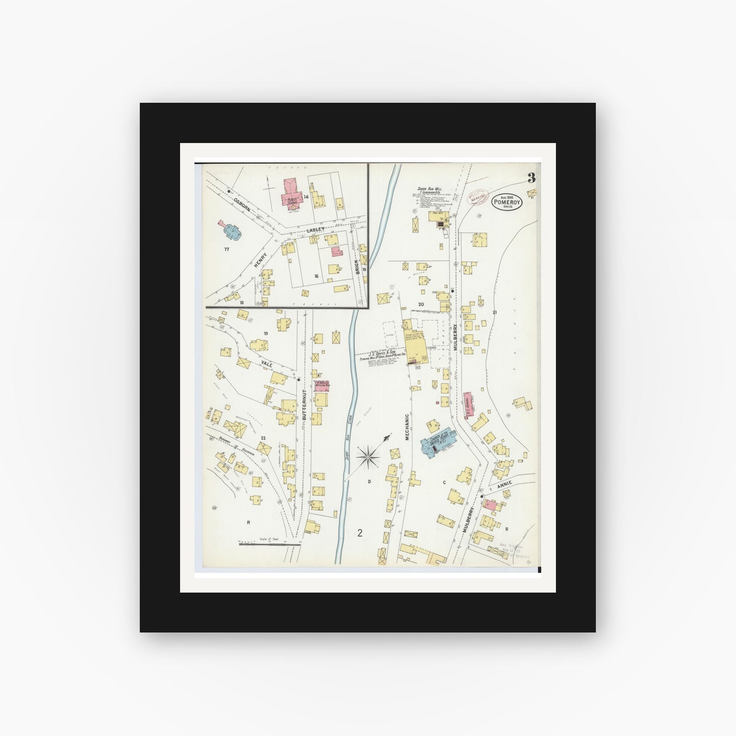 Old map wall art mockup — black gallery frame with white mat — Sanborn Fire Insurance Map from Pomeroy, Meigs County, Ohio (1899), Sheet #0003
