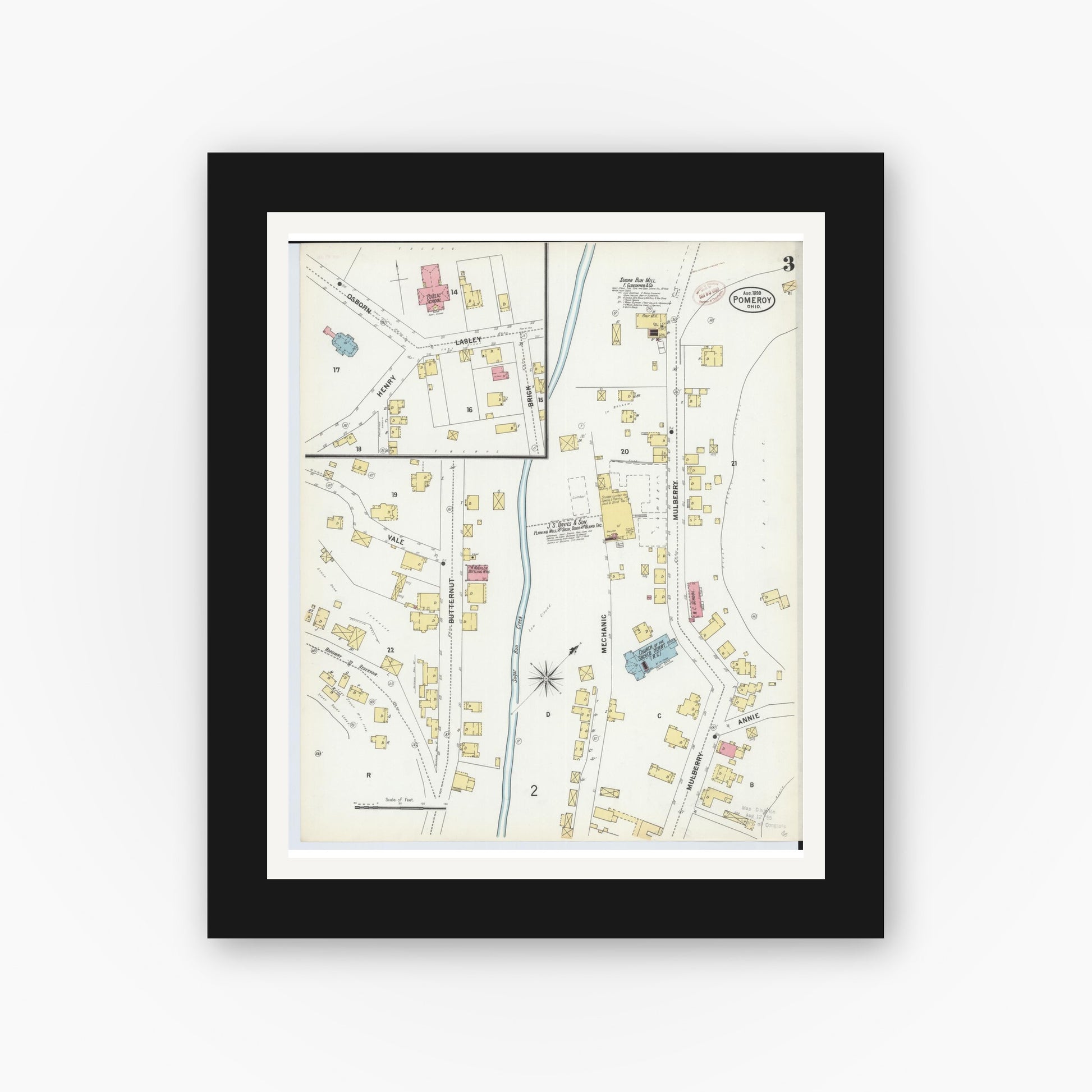 Old map wall art mockup — black gallery frame with white mat — Sanborn Fire Insurance Map from Pomeroy, Meigs County, Ohio (1899), Sheet #0003