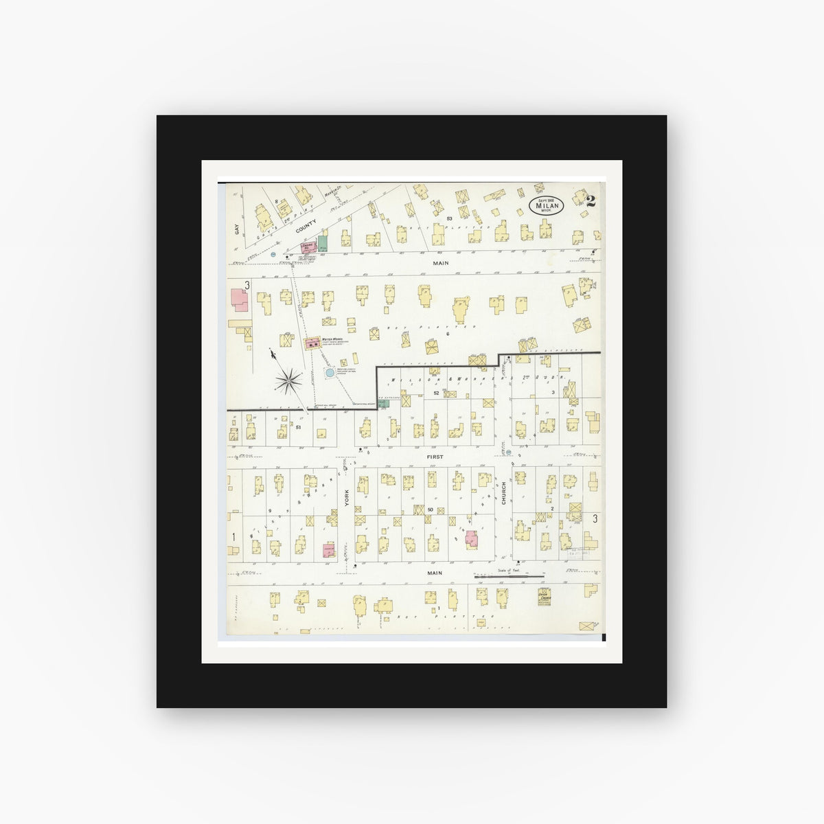 Old map wall art mockup — black gallery frame with white mat — Sanborn Fire Insurance Map from Milan, Washtenaw And Monroe Counties, Michigan (1908), Sheet #0002