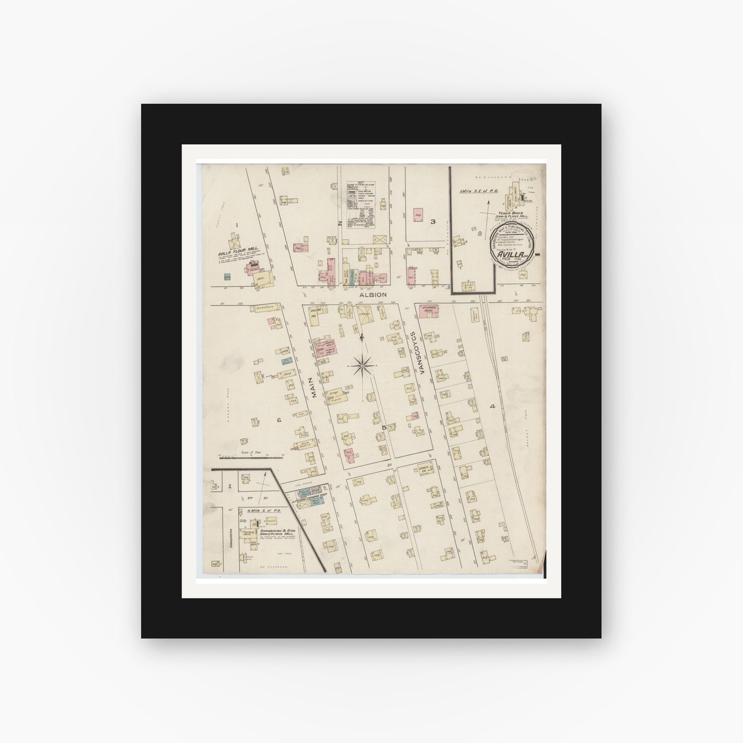 Old map wall art mockup — black gallery frame with white mat — Sanborn Fire Insurance Map from Avilla, Noble County, Indiana (1886), Sheet #0001