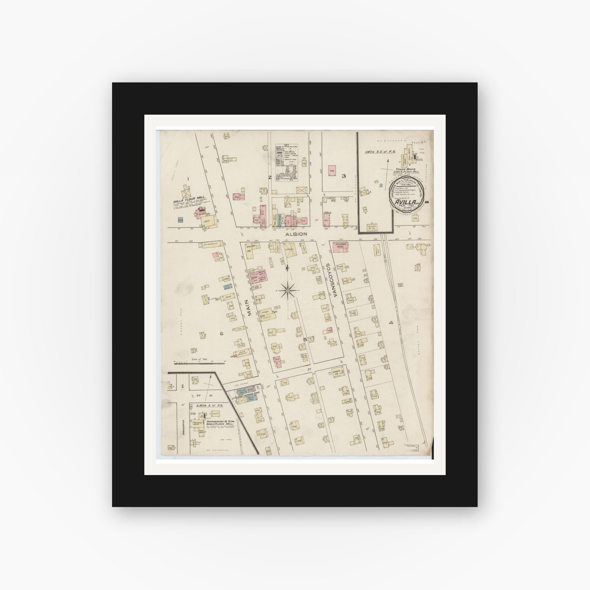Old map wall art mockup — black gallery frame with white mat — Sanborn Fire Insurance Map from Avilla, Noble County, Indiana (1886), Sheet #0001