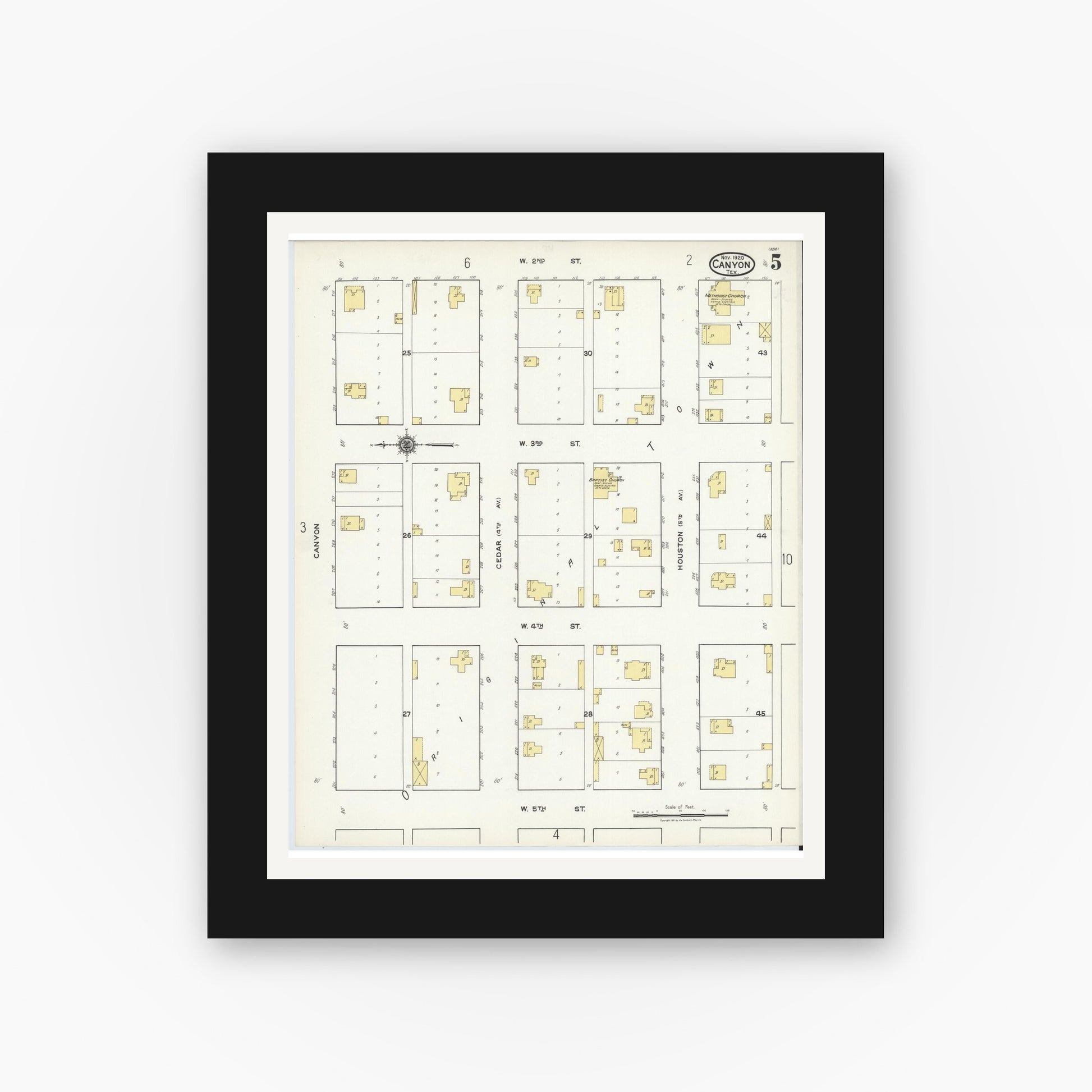 Old map wall art mockup — black gallery frame with white mat — Sanborn Fire Insurance Map from Canyon, Randall County, Texas (1920), Sheet #0005