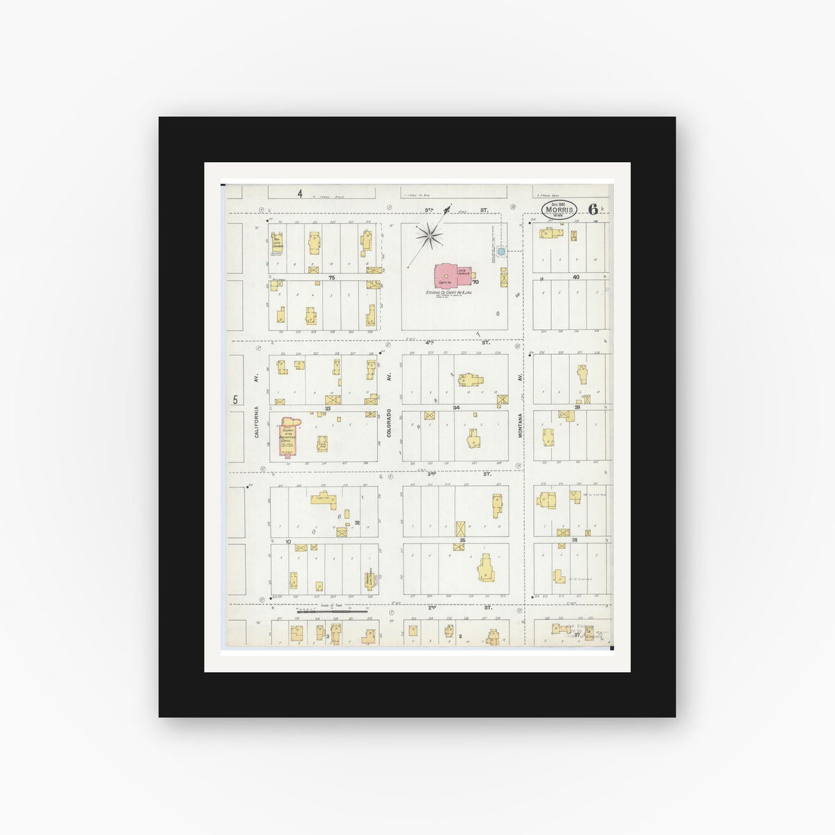 Old map wall art mockup — black gallery frame with white mat — Sanborn Fire Insurance Map from Morris, Stevens County, Minnesota (1902), Sheet #0006
