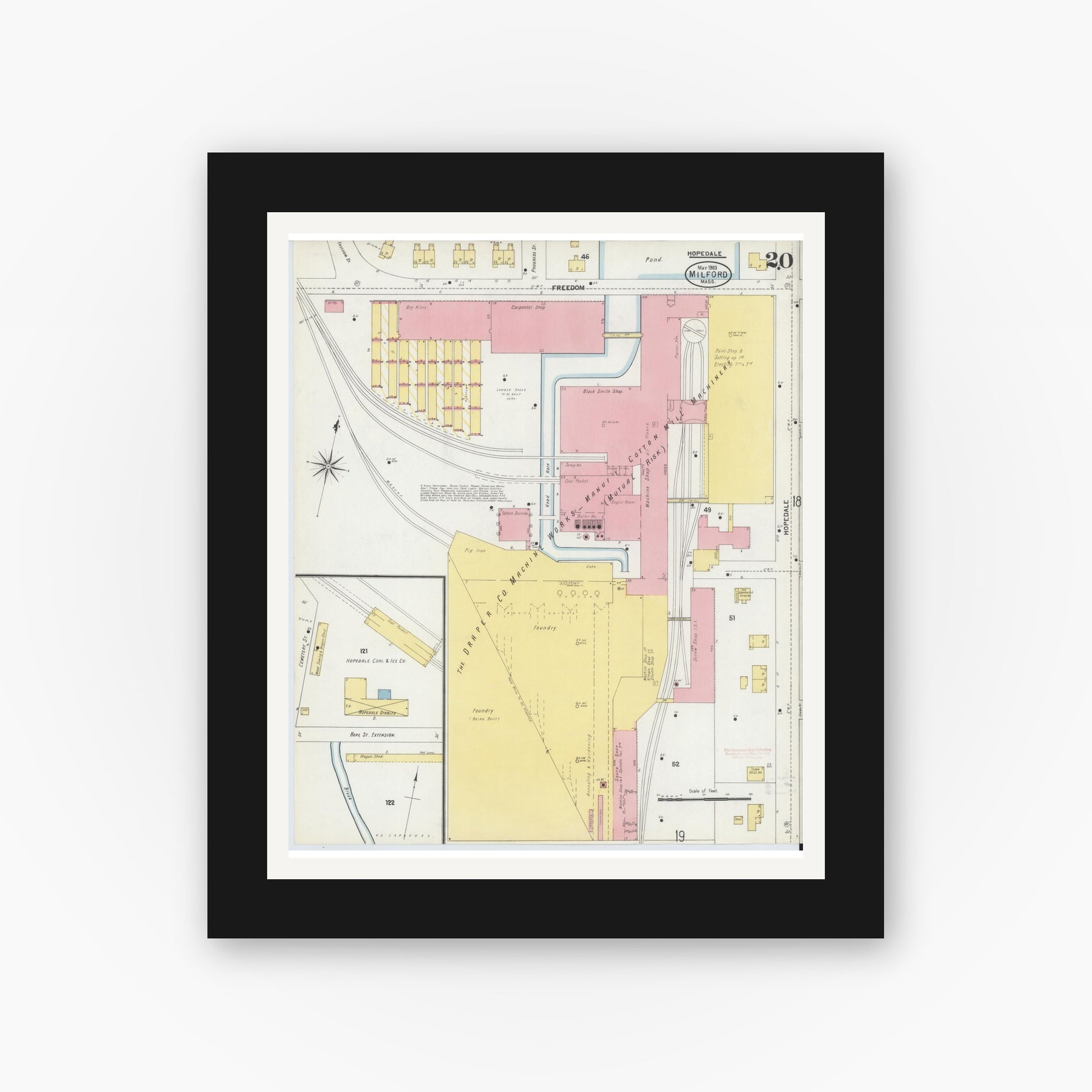 Old map wall art mockup — black gallery frame with white mat — Sanborn Fire Insurance Map from Milford, Worcester County, Massachusetts (1903), Sheet #0020