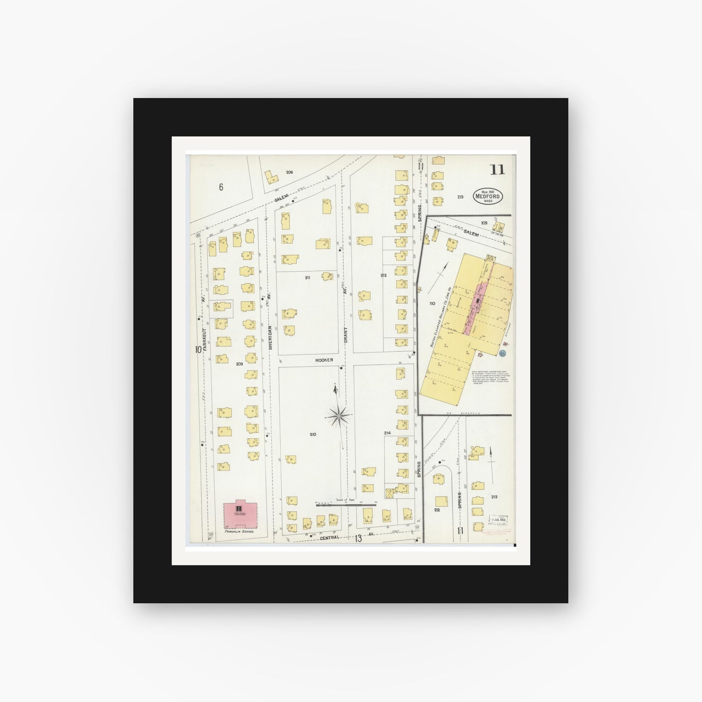 Old map wall art mockup — black gallery frame with white mat — Sanborn Fire Insurance Map from Medford, Middlesex County, Massachusetts (1903), Sheet #0011