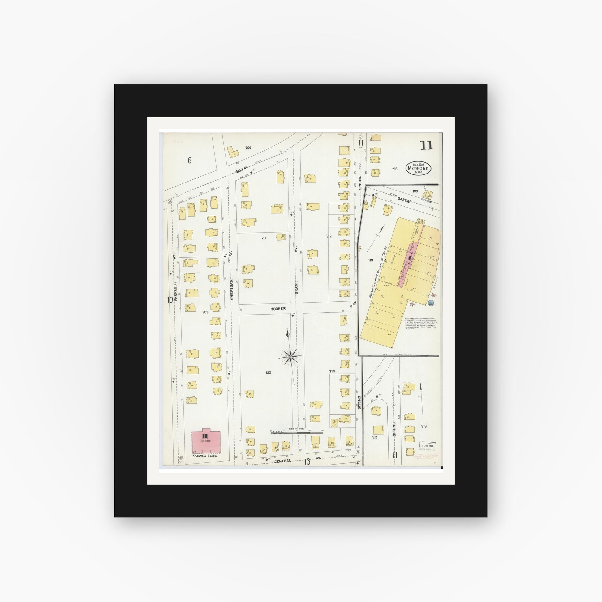 Old map wall art mockup — black gallery frame with white mat — Sanborn Fire Insurance Map from Medford, Middlesex County, Massachusetts (1903), Sheet #0011