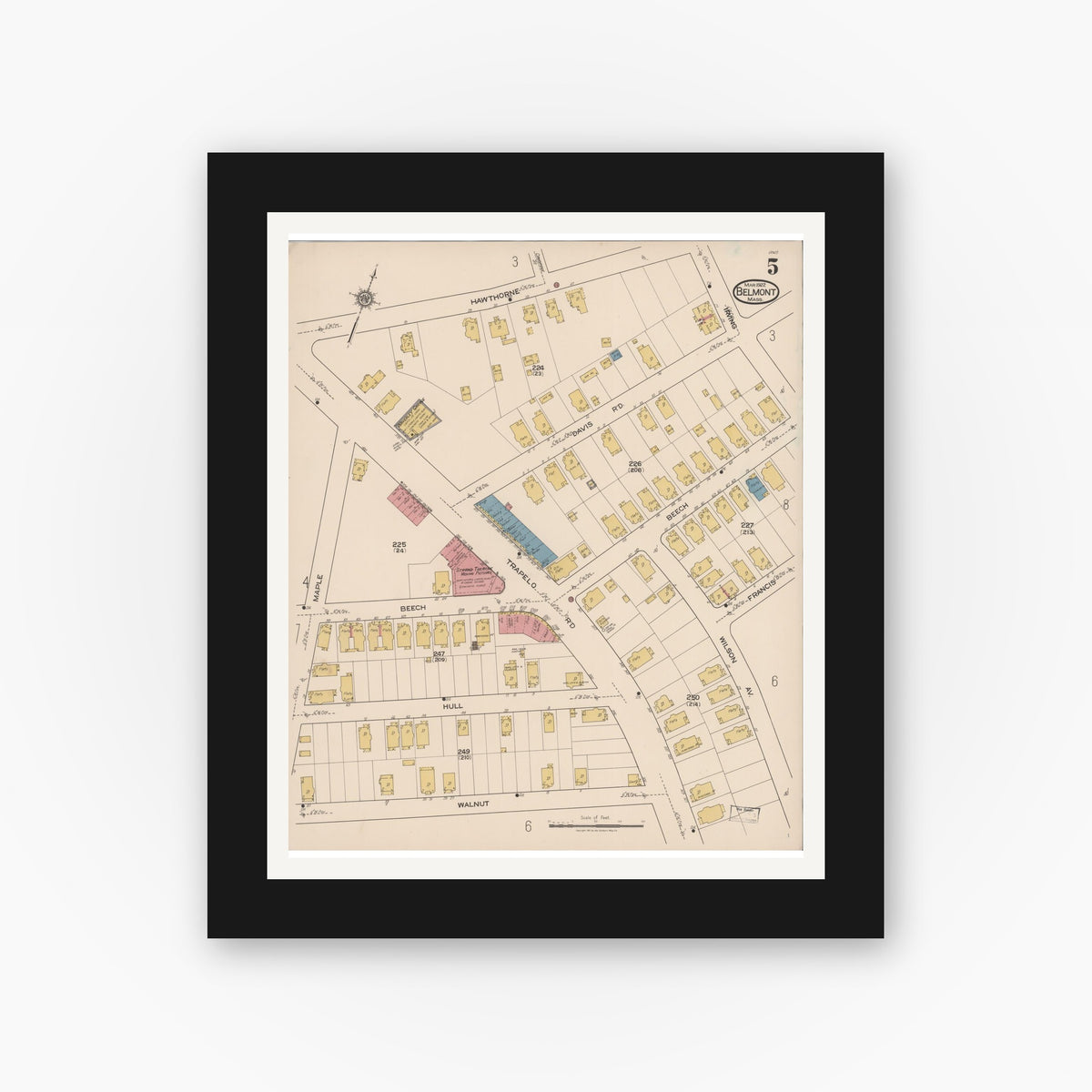 Old map wall art mockup — black gallery frame with white mat — Sanborn Fire Insurance Map from Belmont, Middlesex County, Massachusetts (1922), Sheet #0005