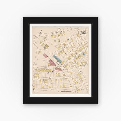 Old map wall art mockup — black gallery frame with white mat — Sanborn Fire Insurance Map from Belmont, Middlesex County, Massachusetts (1922), Sheet #0005