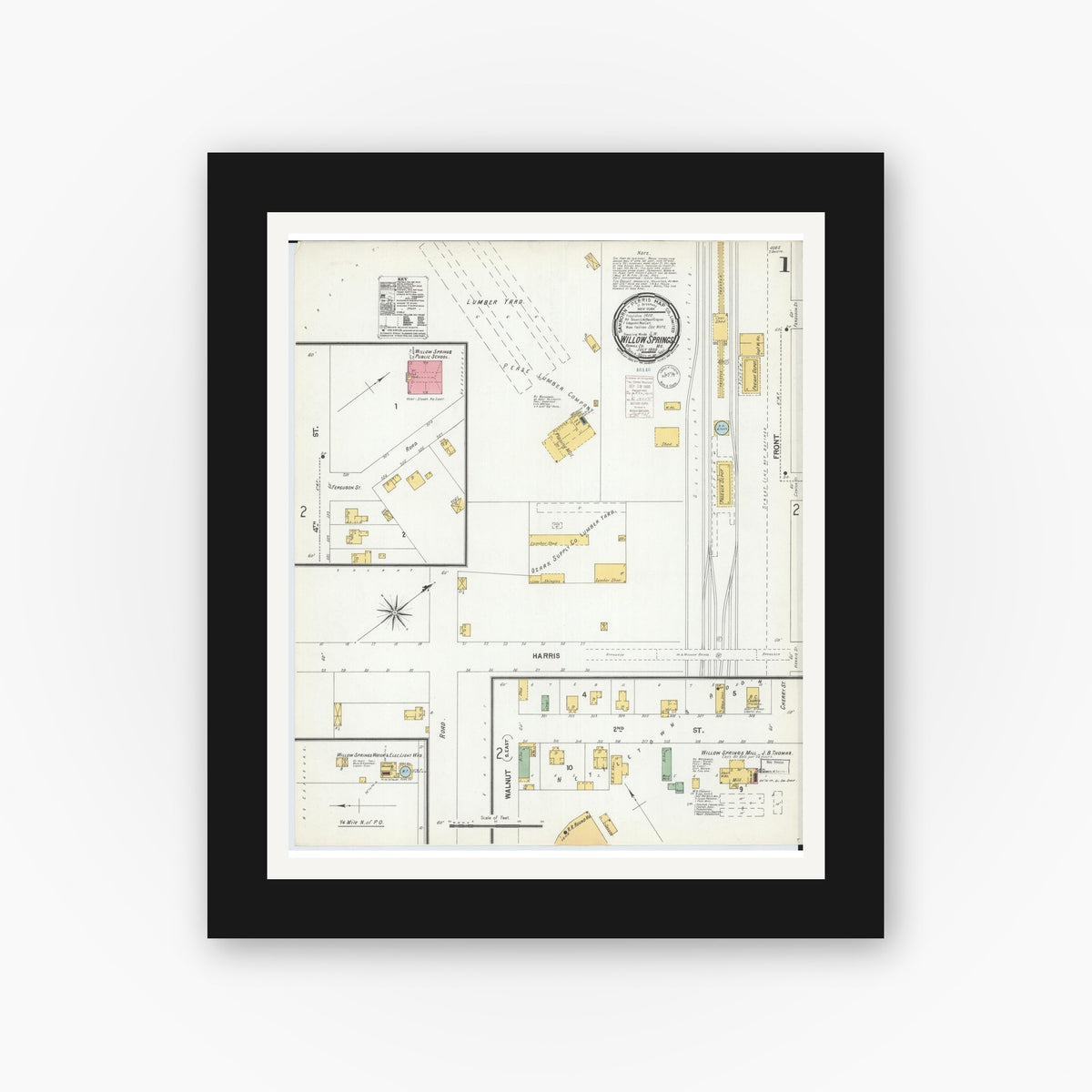 Old map wall art mockup — black gallery frame with white mat — Sanborn Fire Insurance Map from Willow Springs, Howell County, Missouri (1900), Sheet #0001