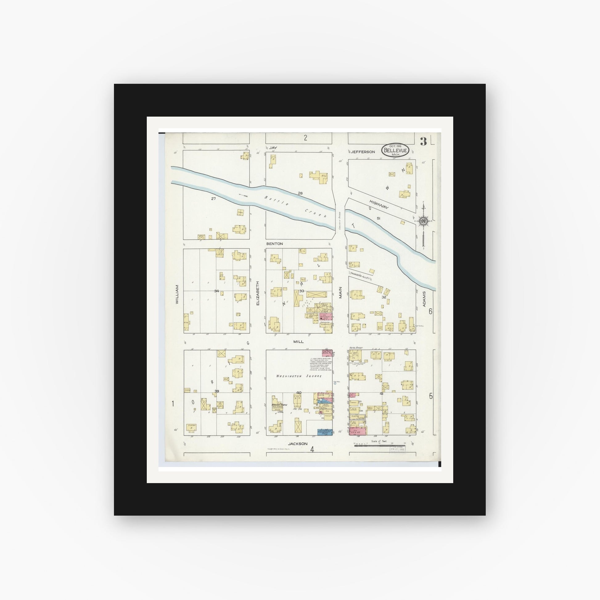 Old map wall art mockup — black gallery frame with white mat — Sanborn Fire Insurance Map from Bellevue, Eaton County, Michigan (1916), Sheet #0003