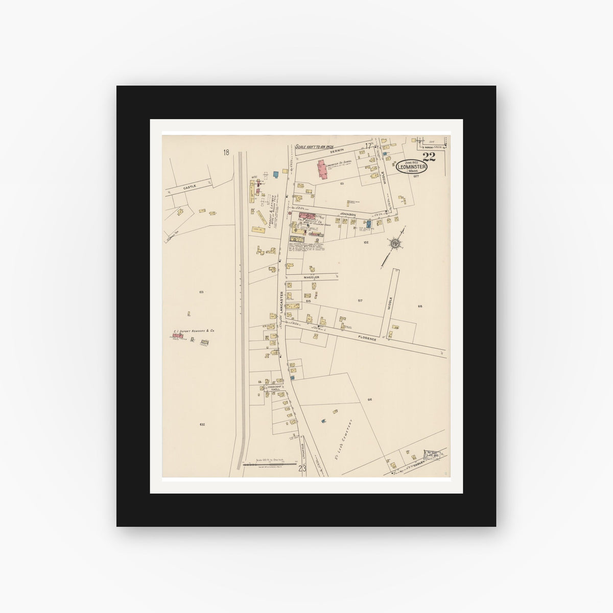 Old map wall art mockup — black gallery frame with white mat — Sanborn Fire Insurance Map from Leominster, Worcester County, Massachusetts (1922), Sheet #0022