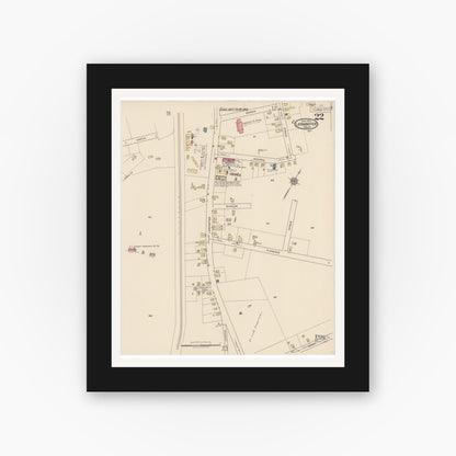 Old map wall art mockup — black gallery frame with white mat — Sanborn Fire Insurance Map from Leominster, Worcester County, Massachusetts (1922), Sheet #0022