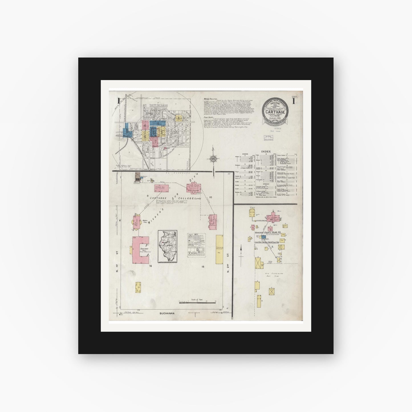 Old map wall art mockup — black gallery frame with white mat — Sanborn Fire Insurance Map from Carthage, Hancock County, Illinois (1926) - Complete Map Set