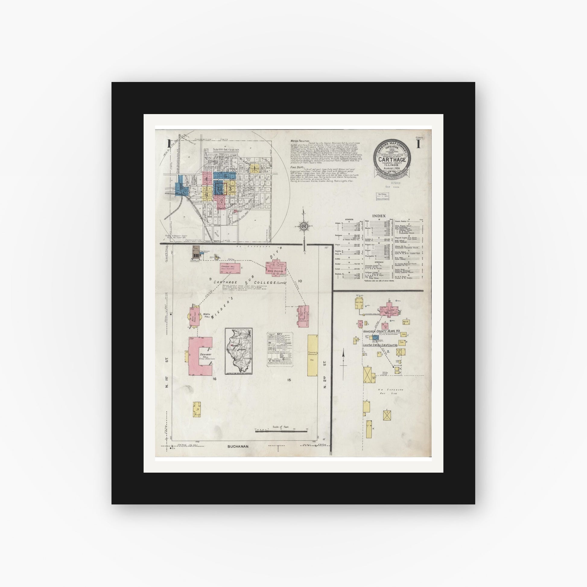 Old map wall art mockup — black gallery frame with white mat — Sanborn Fire Insurance Map from Carthage, Hancock County, Illinois (1926) - Complete Map Set