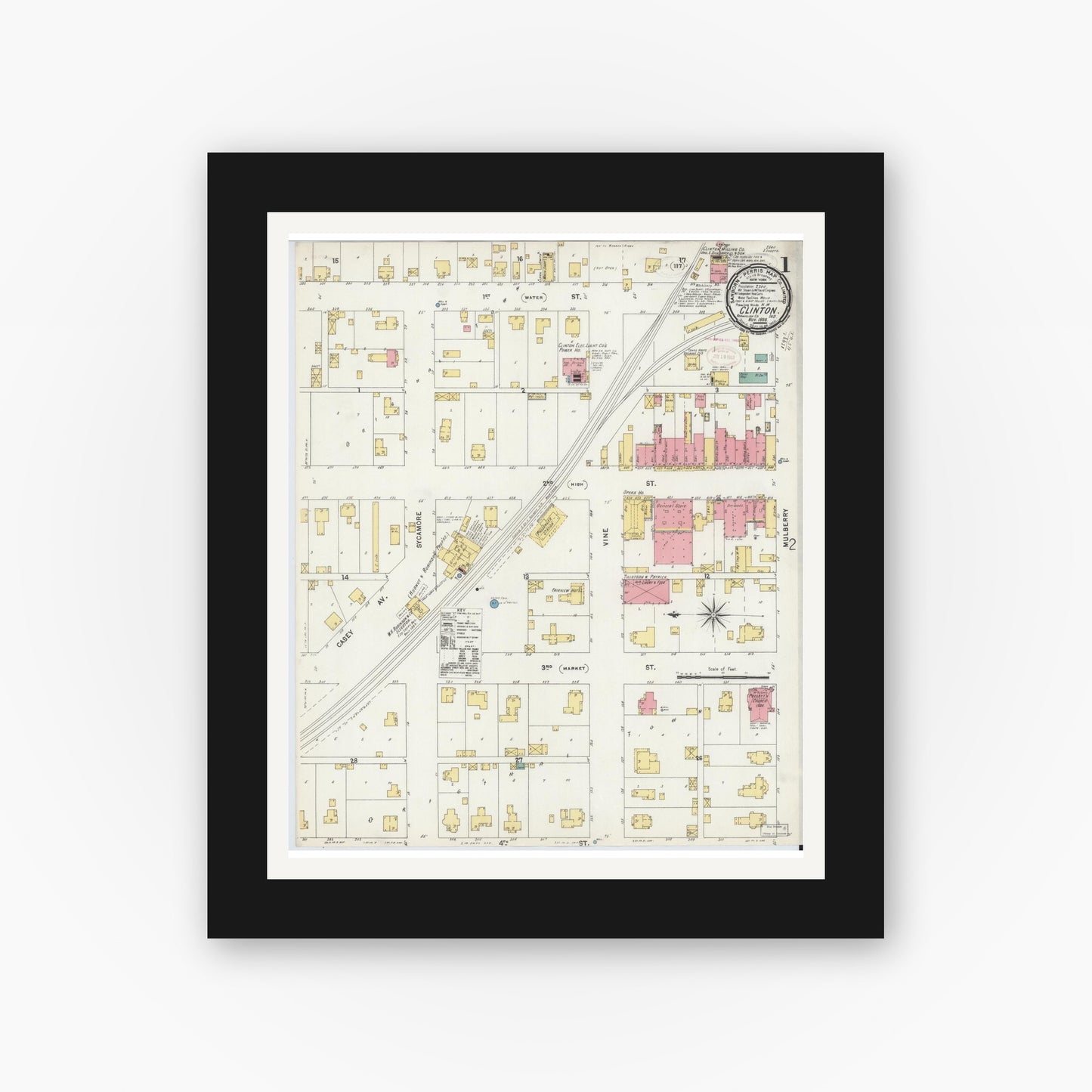 Old map wall art mockup — black gallery frame with white mat — Sanborn Fire Insurance Map from Clinton, Vermillion County, Indiana (1898) - Complete Map Set