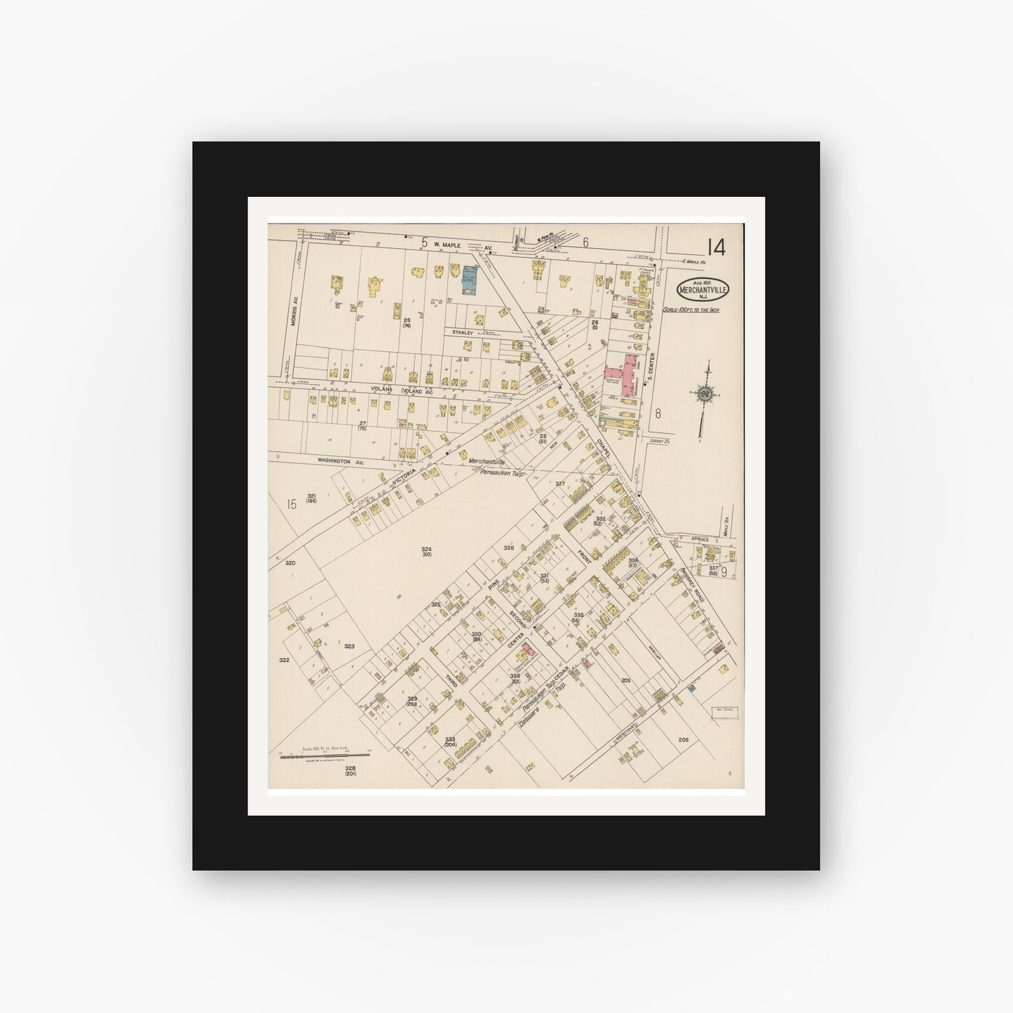 Old map wall art mockup — black gallery frame with white mat — Sanborn Fire Insurance Map from Merchantville, Camden County, New Jersey (1921), Sheet #0014
