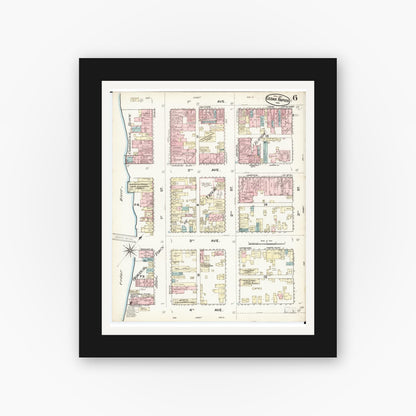 Old map wall art mockup — black gallery frame with white mat — Sanborn Fire Insurance Map from Cedar Rapids, Linn County, Iowa (1884), Sheet #0006