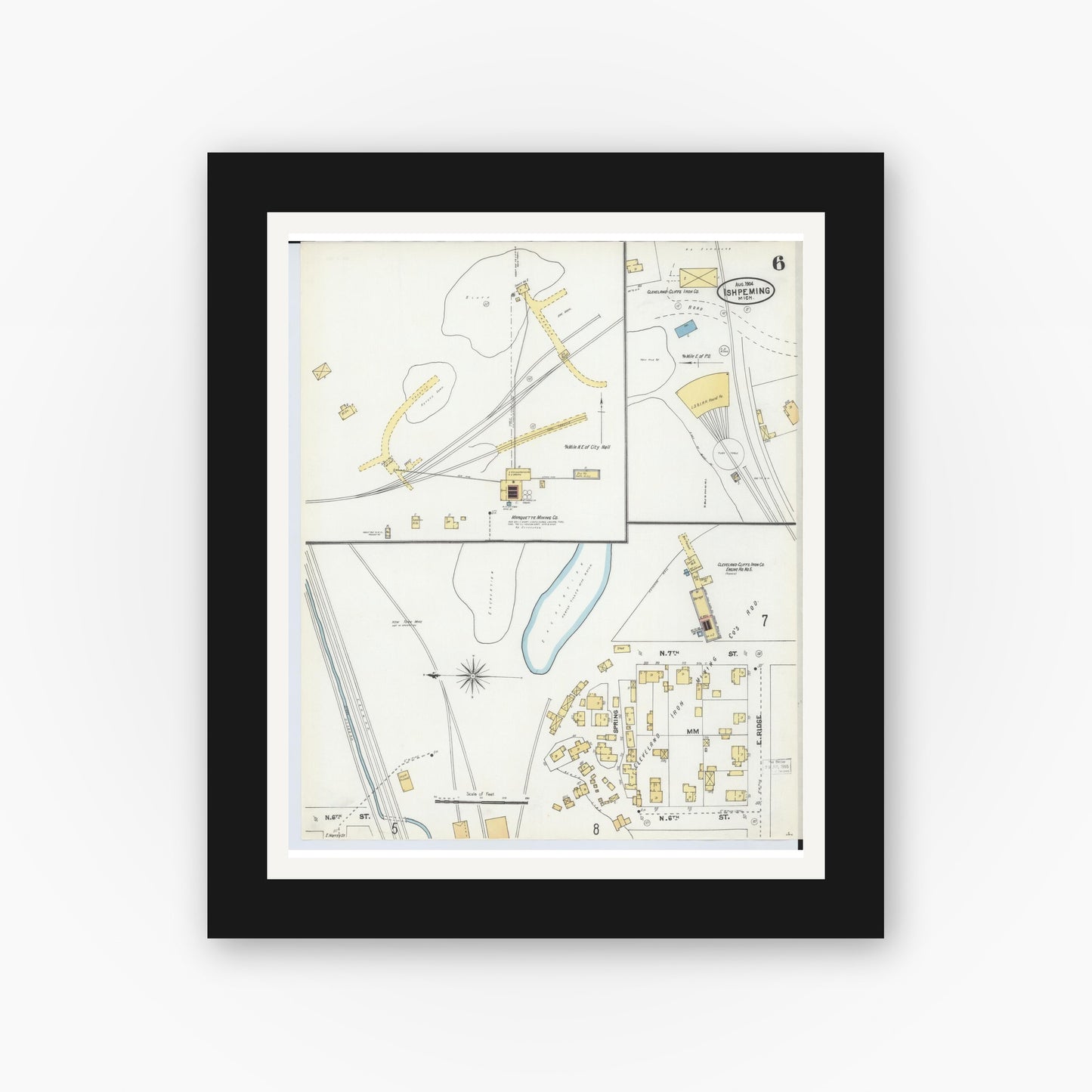 Old map wall art mockup — black gallery frame with white mat — Sanborn Fire Insurance Map from Ishpeming, Marquette County, Michigan (1904), Sheet #0006