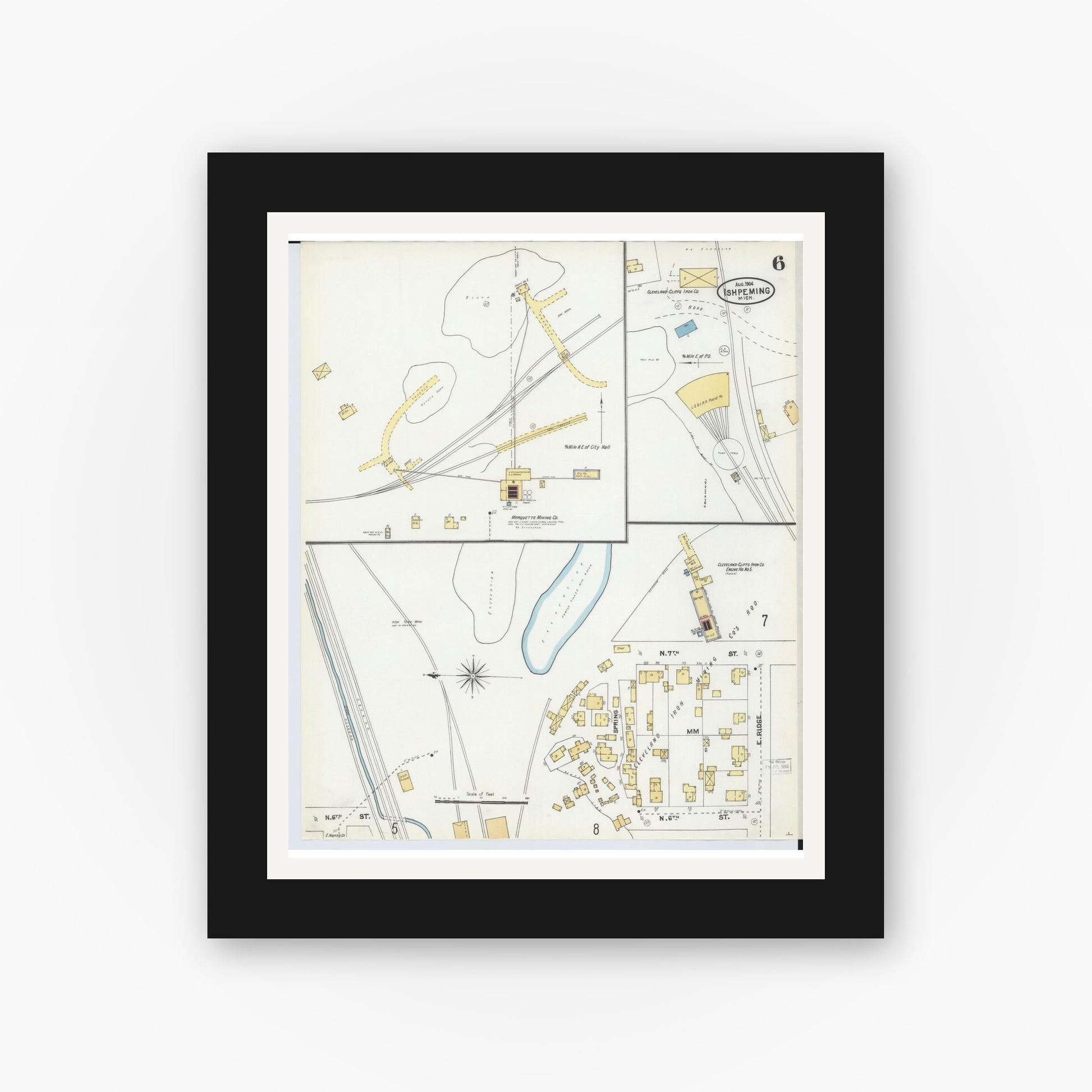 Old map wall art mockup — black gallery frame with white mat — Sanborn Fire Insurance Map from Ishpeming, Marquette County, Michigan (1904), Sheet #0006