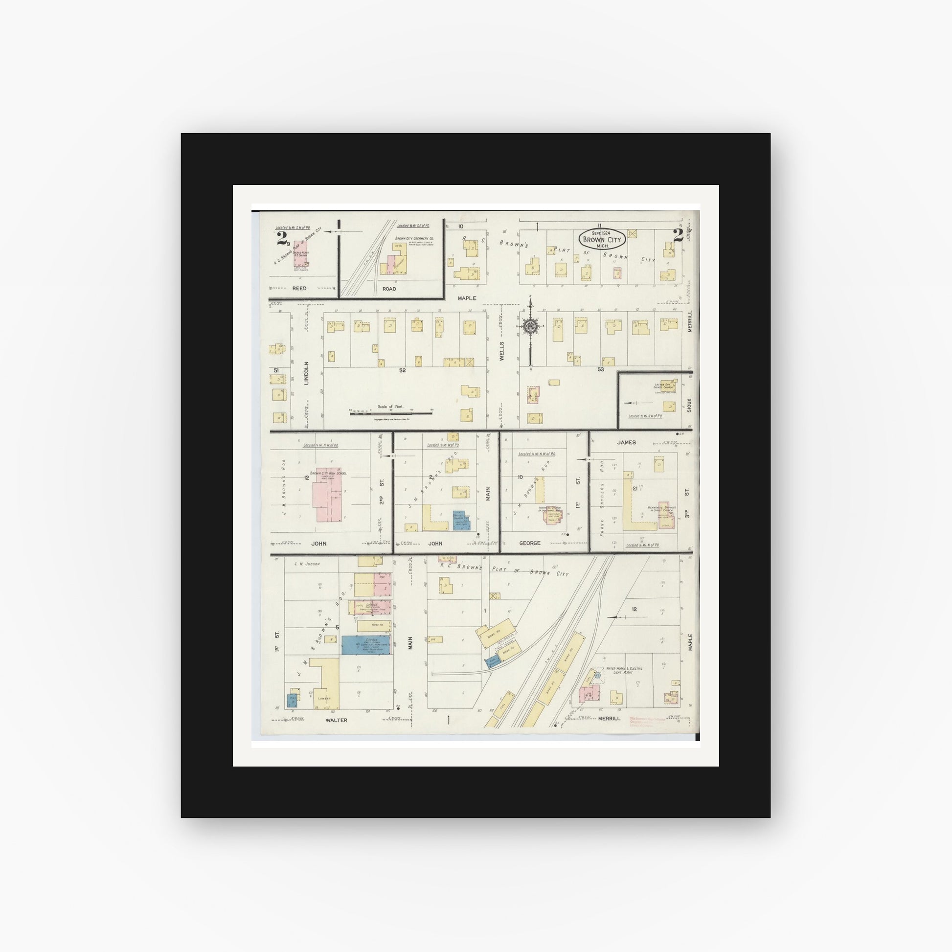 Old map wall art mockup — black gallery frame with white mat — Sanborn Fire Insurance Map from Brown City, Sanilac County, Michigan (1924), Sheet #0002