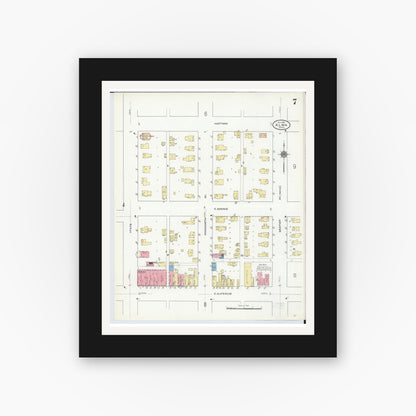 Old map wall art mockup — black gallery frame with white mat — Sanborn Fire Insurance Map from Alma, Gratiot County, Michigan (1910), Sheet #0007